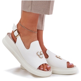 Vinceza Sandalias de cuero para mujeres con la decoración de Vincez 66757 White blanco 7