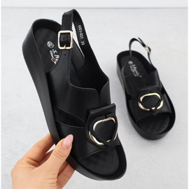 S.Barski Sandalias de cuero para mujeres en cuñas Czarne S. Barski KV51-031 negro 1