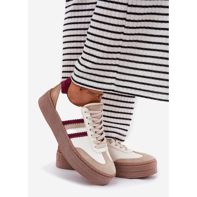 Zapatillas de deporte de cuero para mujeres en la plataforma de bordes beige Zazoo N1234 1