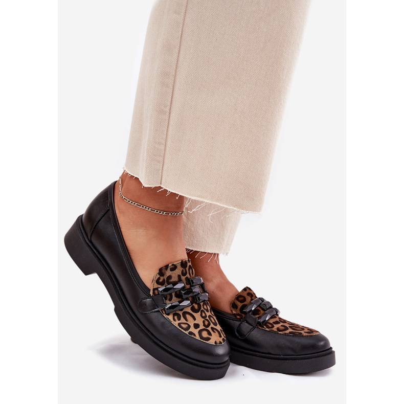 Mocasines de cuero con un adorno y leopardo estampado Laura Messi 2965 Negro 1