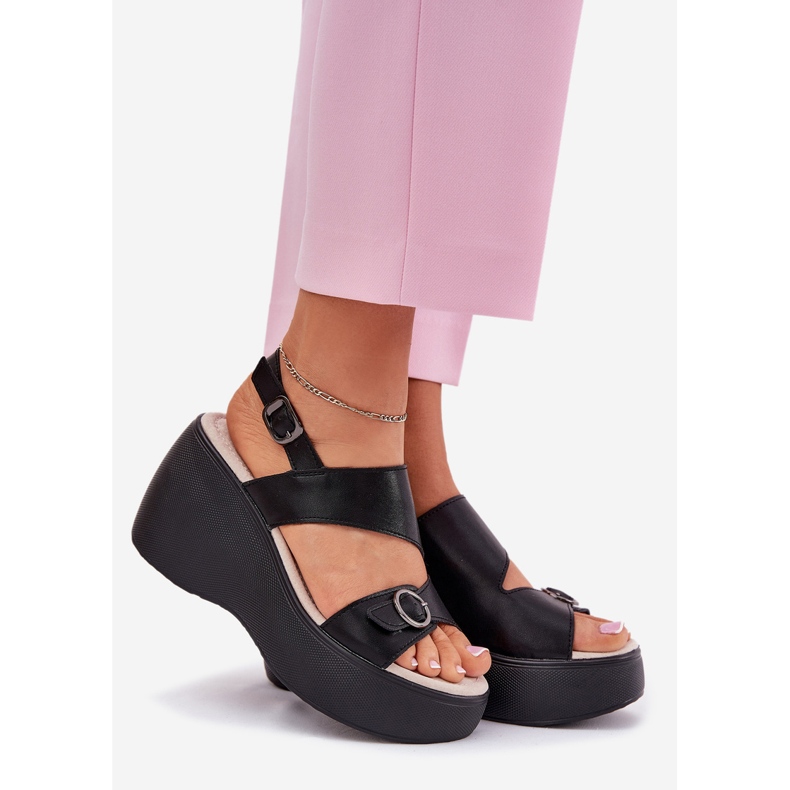 S.Barski Sandalias de cuero para mujeres en Wedge y Platform S. Barski LR51-540 Negro 1