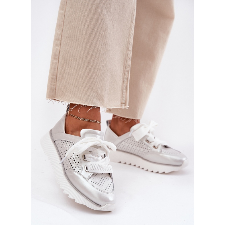 S.Barski Zapatillas de deporte de cuero para mujeres en la plataforma de plata LR51-796 2