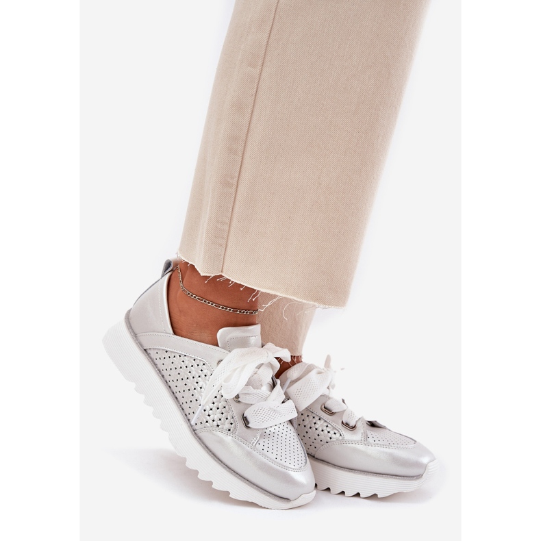 S.Barski Zapatillas de deporte de cuero para mujeres en la plataforma de plata LR51-796 1