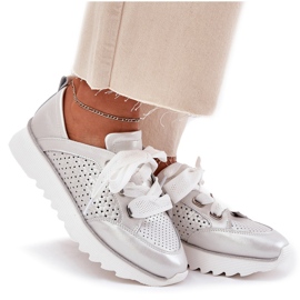S.Barski Zapatillas de deporte de cuero para mujeres en la plataforma de plata LR51-796 8