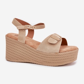 Inna Sandalias para mujeres en cuña con hebilla de color caqui beige 5