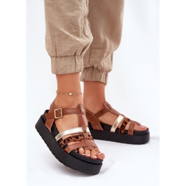 Inna Sandalias para mujeres con rayas en la plataforma Camel marrón 2