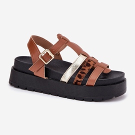 Inna Sandalias para mujeres con rayas en la plataforma Camel marrón 4