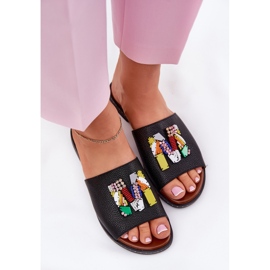 Jezzi Chanclas de mujer con tacón plano y decoración, negro 5