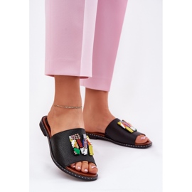 Jezzi Chanclas de mujer con tacón plano y decoración, negro 2