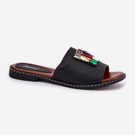 Jezzi Chanclas de mujer con tacón plano y decoración, negro 4