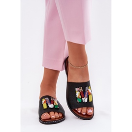 Jezzi Chanclas de mujer con tacón plano y decoración, negro 3