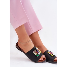 Jezzi Chanclas de mujer con tacón plano y decoración, negro 7