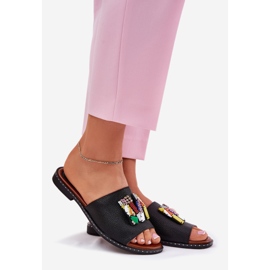 Jezzi Chanclas de mujer con tacón plano y decoración, negro 1
