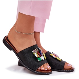 Jezzi Chanclas de mujer con tacón plano y decoración, negro 8