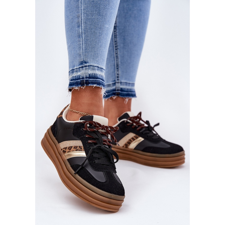 Inna Zapatillas de deporte para mujeres en la plataforma con estampado de leopardo negro de cordones dobles 2