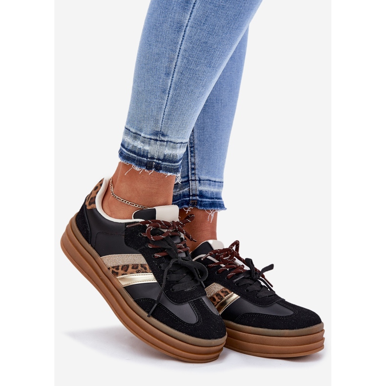 Inna Zapatillas de deporte para mujeres en la plataforma con estampado de leopardo negro de cordones dobles 1
