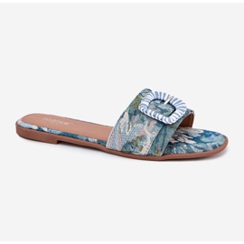 Inna Chanclas de mujeres planas con una hebilla azul decorativa 4