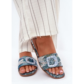 Inna Chanclas de mujeres planas con una hebilla azul decorativa 3