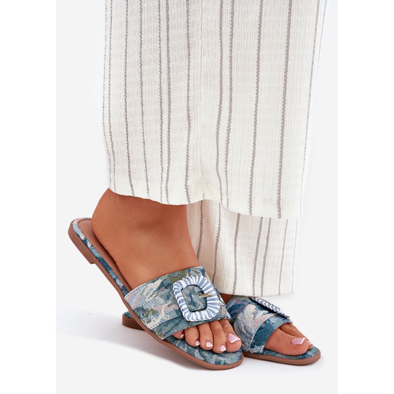 Inna Chanclas de mujeres planas con una hebilla azul decorativa 1