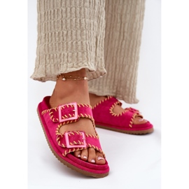 Inna Chanclas para mujeres con hebillas y un dobladillo decorativo de fucsia rosa 2