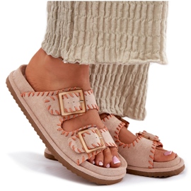 Inna Chanclas para mujeres con hebillas y dobladillo beige decorativo 9