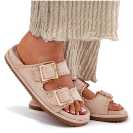 Inna Chanclas para mujeres con hebillas y dobladillo beige decorativo 10
