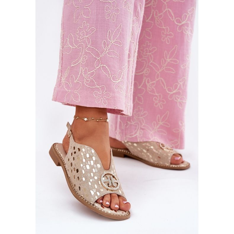 S.Barski Sandalias de cuero de tacón plano con un adorno de S. Barski KV51-094 PLN dorado 2