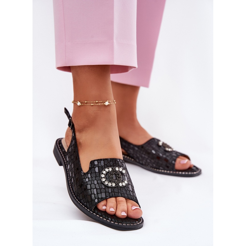 S.Barski Sandalias de cuero con adorno de tacón plano S. Barski KV51-096 Negro 2