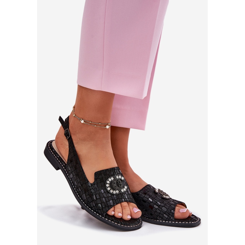 S.Barski Sandalias de cuero con adorno de tacón plano S. Barski KV51-096 Negro 1