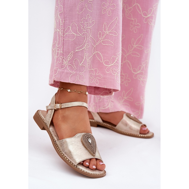 S.Barski Sandalias de tacón plano para mujeres con un adorno de S. Barski KV51-098 Zloty dorado 2