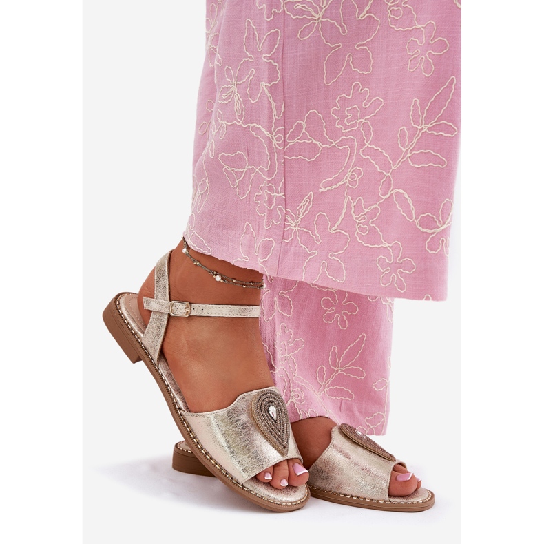 S.Barski Sandalias de tacón plano para mujeres con un adorno de S. Barski KV51-098 Zloty dorado 1