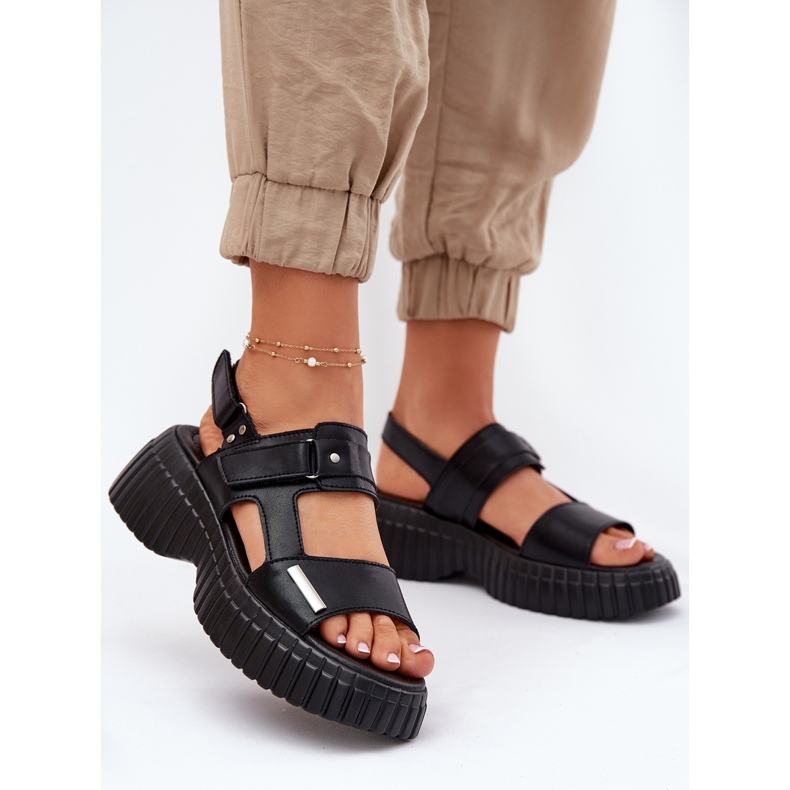 EVento Sandalias de cuero para mujeres en la plataforma negra negro 2