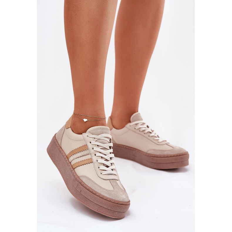 Zapatillas de deporte de cuero para mujeres en la plataforma beige Zazoo N1234 2