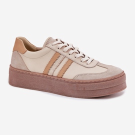 Zapatillas de deporte de cuero para mujeres en la plataforma beige Zazoo N1234 4