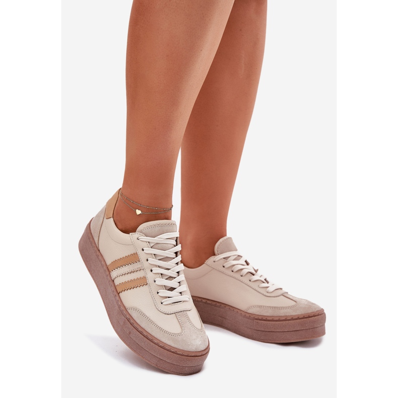 Zapatillas de deporte de cuero para mujeres en la plataforma beige Zazoo N1234 1