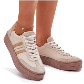 Zapatillas de deporte de cuero para mujeres en la plataforma beige Zazoo N1234 9