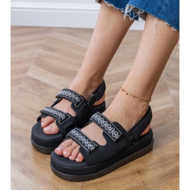 Sandalias negras con rayas bordadas en la plataforma negro 3