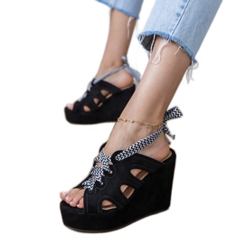 Sandalias de cuña negra con cordones decorativos negro 2