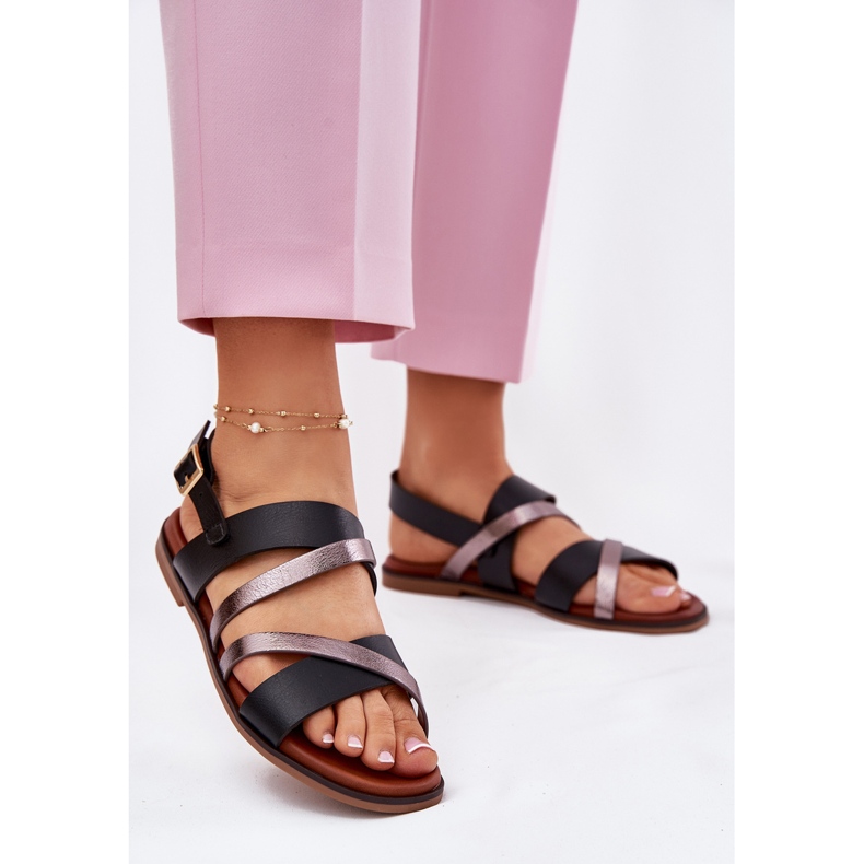 Sandalias para mujeres de ceñudo plano con Sergio Leone SK086H Stripes Negro 2