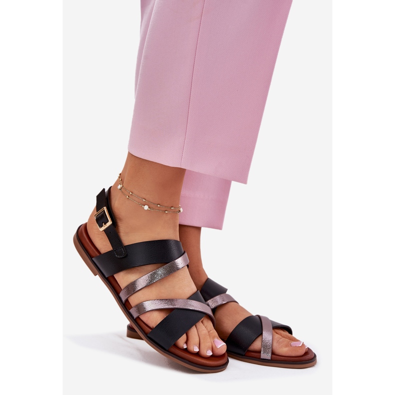 Sandalias para mujeres de ceñudo plano con Sergio Leone SK086H Stripes Negro 1