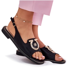 S.Barski Elegantes sandalias con adorno de tacón plano S. Barski KV51-003 Negro 6