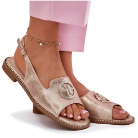 S.Barski Sandalias para mujeres de tacón plano con un adorno S. Barski KV51-002 Pink Gold dorado 6