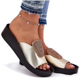S.Barski Flip-flops de cuero para mujeres con un adorno KV51-028 PLN dorado 8