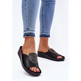 S.Barski Zapatillas de cuero para mujeres con un adorno KV51-028 Negro 2