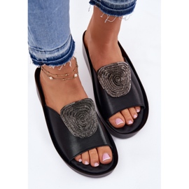 S.Barski Zapatillas de cuero para mujeres con un adorno KV51-028 Negro 5