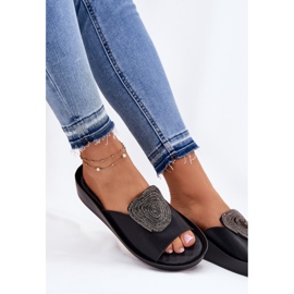 S.Barski Zapatillas de cuero para mujeres con un adorno KV51-028 Negro 7