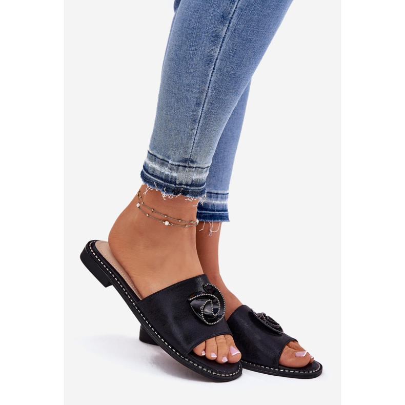 S.Barski Chanclas para mujeres de tacón plano con KV51-007 Negro Detalle Negro Negro Negro 1