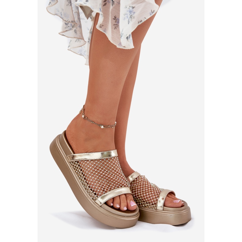 S.Barski Chanclas de mujeres decoradas en la plataforma con malla S. Barski my51-016 Złote dorado 1