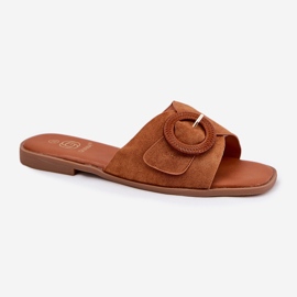 Chanclas de mujer plana con hebilla de camello marrón 4