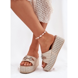 Cuñas de mujeres con cuña con trenza y decoración beige 4